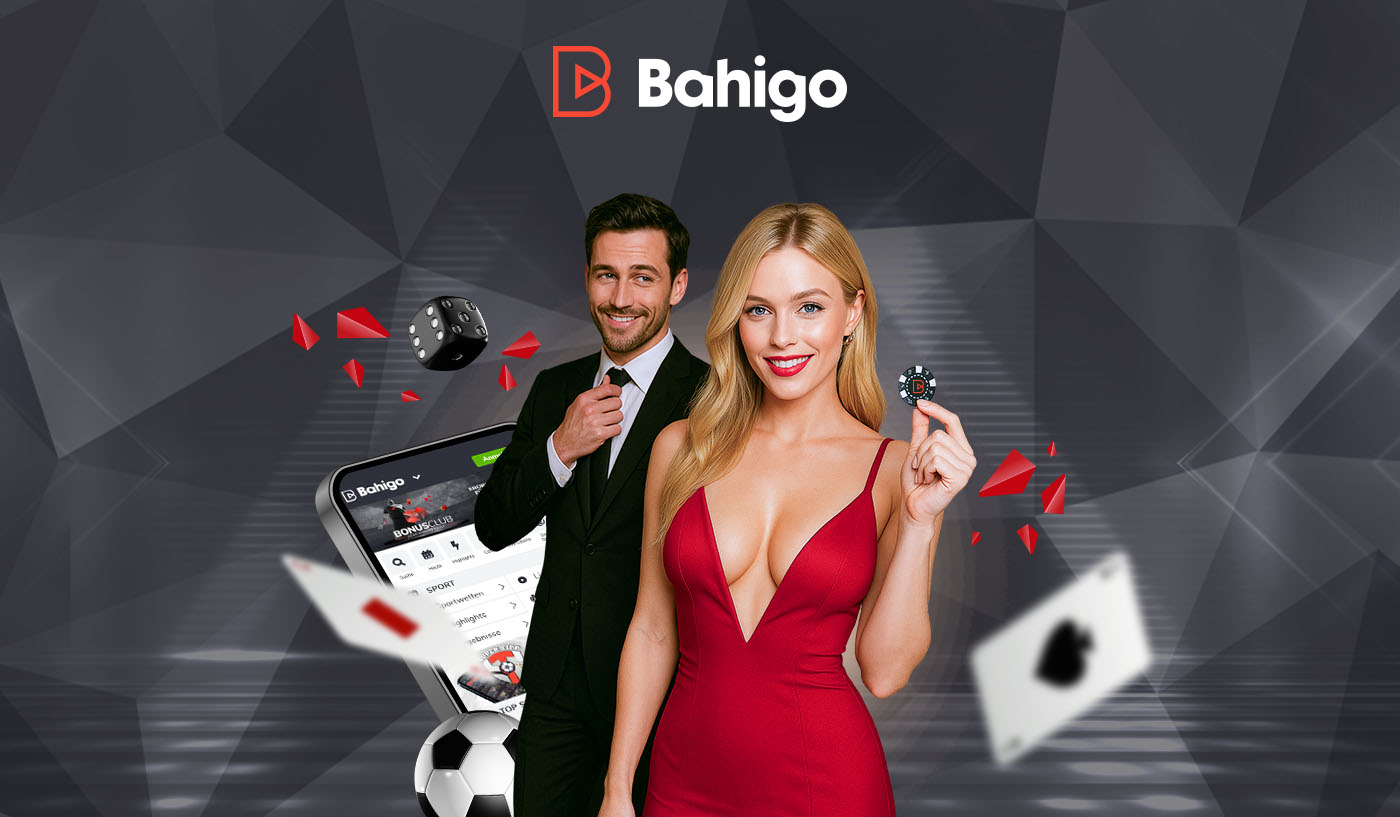 Bahigo mit einem Mann im Anzug und einer Frau mit Pokerchip vor dunklem Hintergrund.