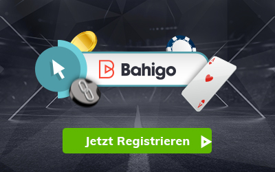 Bahigo Login Symbol mit Mauszeiger Chips Münzen und Spielkarte vor Stadionhintergrund.