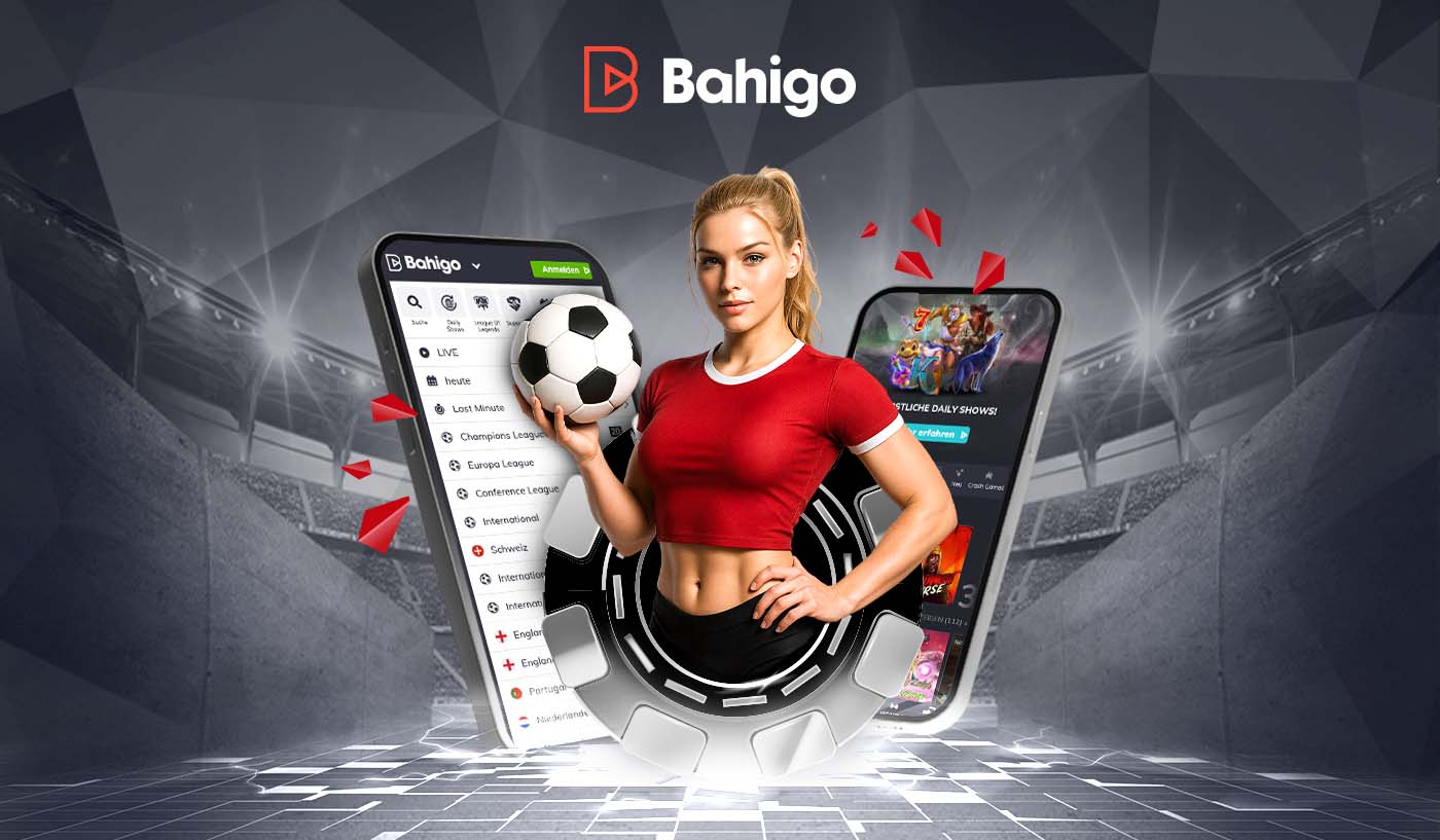 Bahigo Login mit mobiler Oberfläche und einer Fussballspielerin im Stadion.