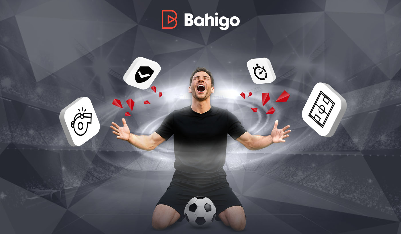 Bahigo Sportwetten mit jubelndem Spieler und sportbezogenen Icons.